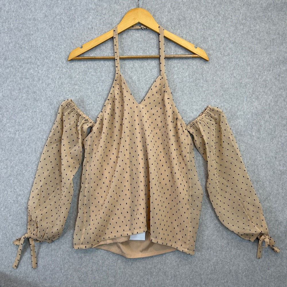 L'Academie Revolve XXS Amber Blouse Halter Neck Tan Polka Dot Off Shoulder NEW - Picture 3 of 15
